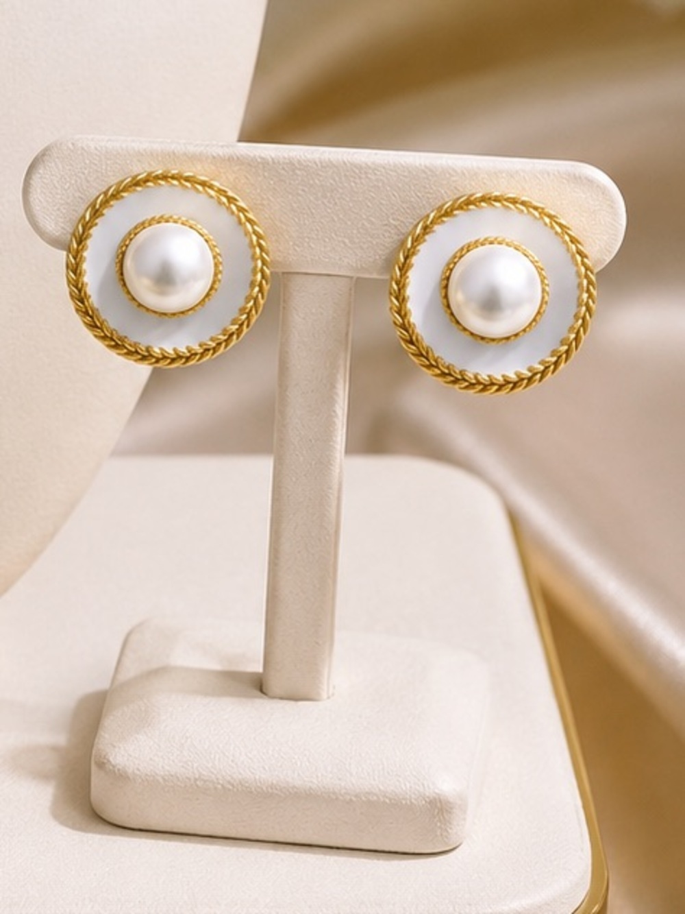 White Pearl Gold Button Earrings - Picture 6 of 9